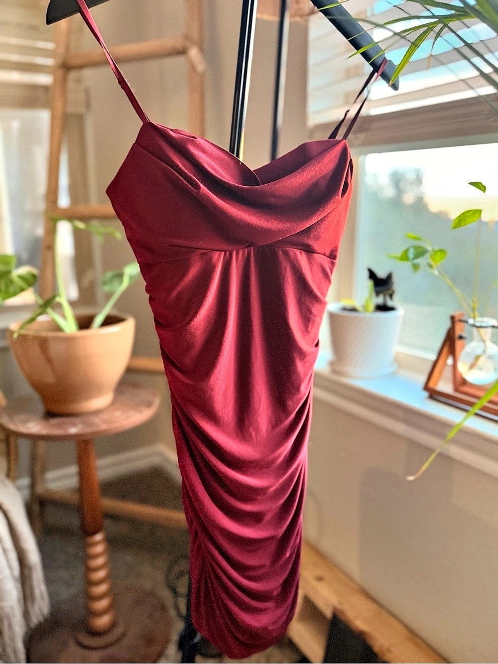 Emerald Sundae Burgundy Ruched Cowl Neck Bodycon Dress XS
